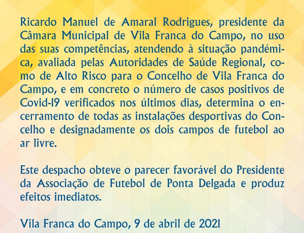 Despacho – Encerramento das instalações desportivas do Concelho